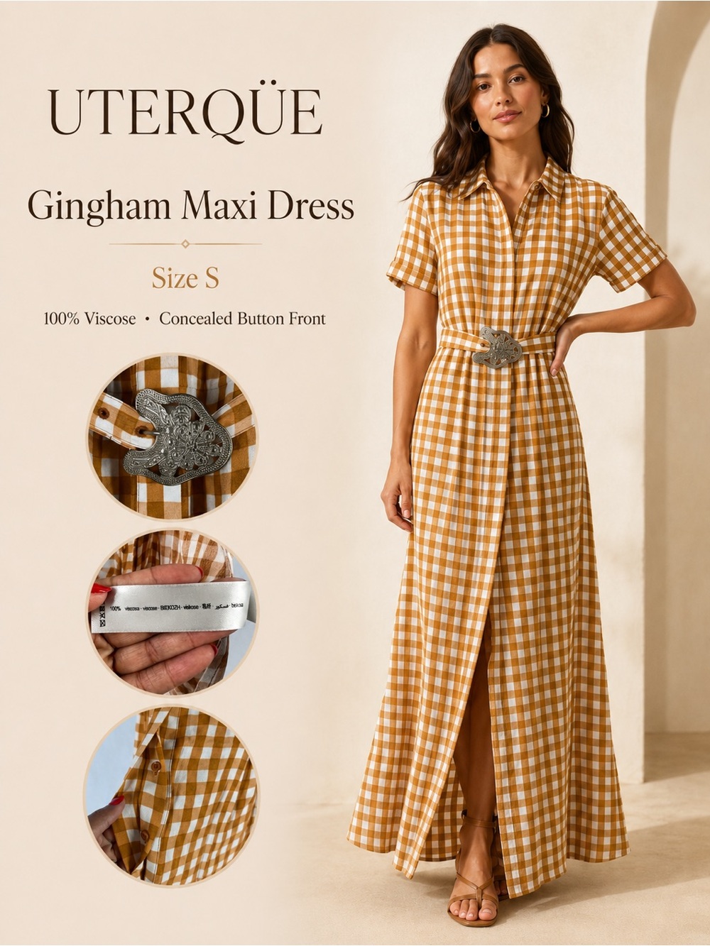 Uterqüe Mustard Gingham Maxi‎ Dress